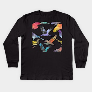 bright multicoloured vintage style birds on black background Kids Long Sleeve T-Shirt